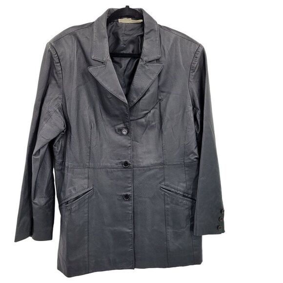 Vintage 80s Newport News Leather Coat Blazer Notched Collar Button Down Black 18 - Picture 1 of 15